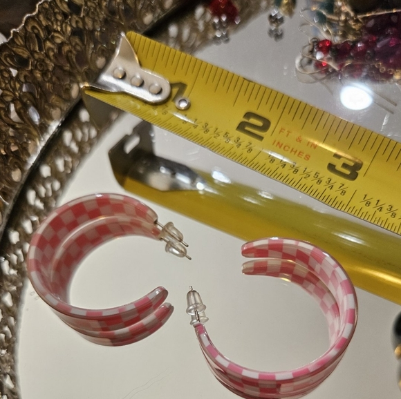 Checkerboard Pink Hoop Earrings - Picture 2 of 4